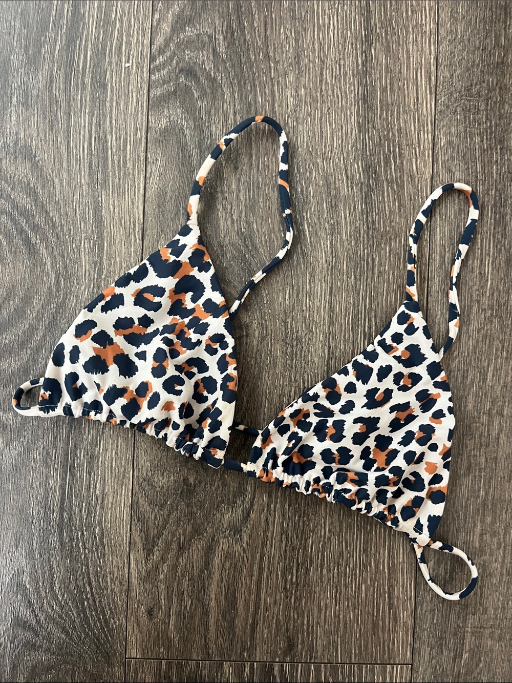 Aila Blue Leopard Print Triangle Bikini Top in White, black & Rust